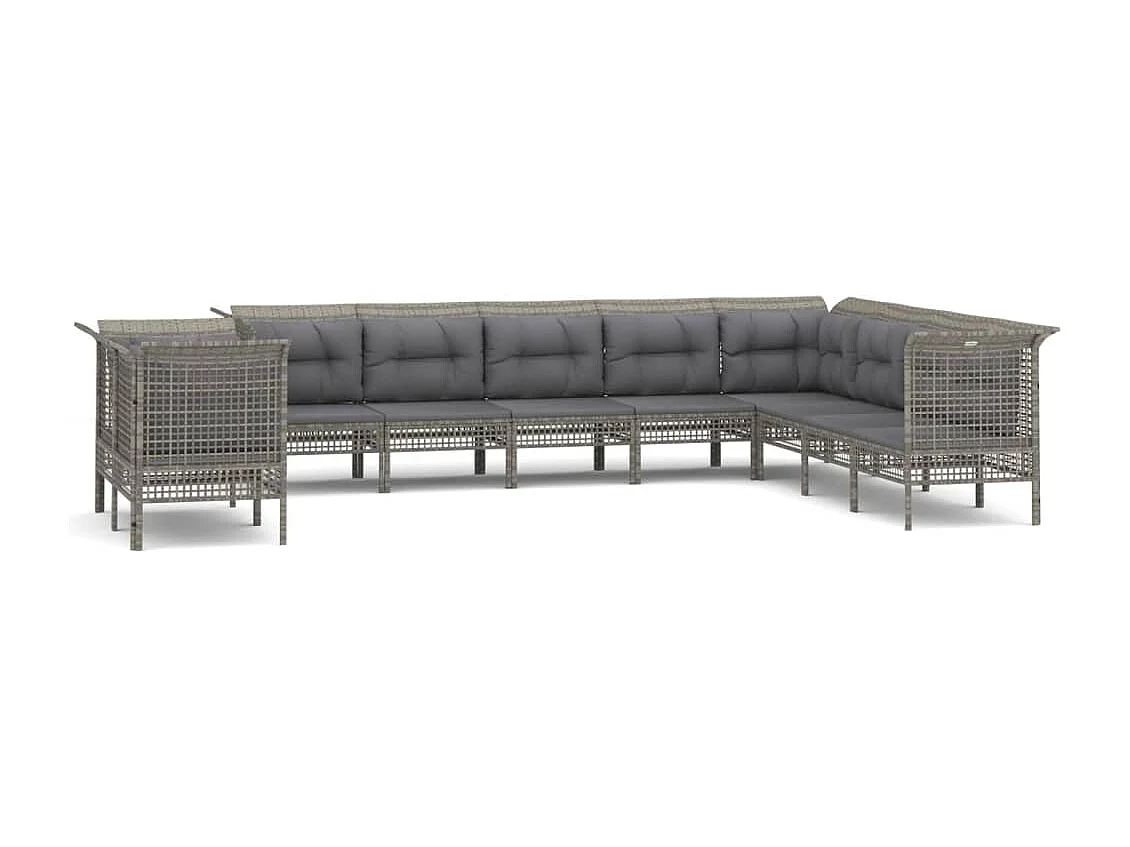 10-delige Loungeset met kussens poly rattan grijs