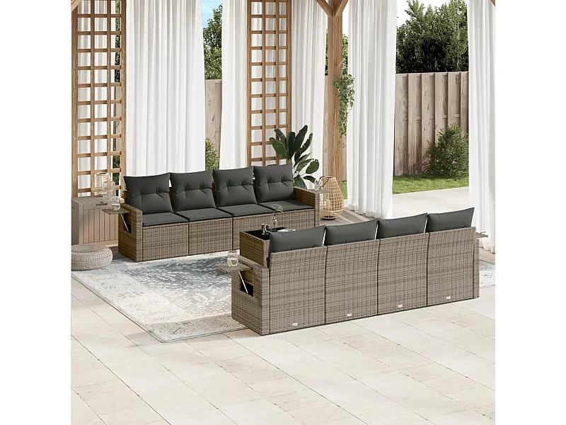 9-delige Loungeset met kussens poly rattan grijs