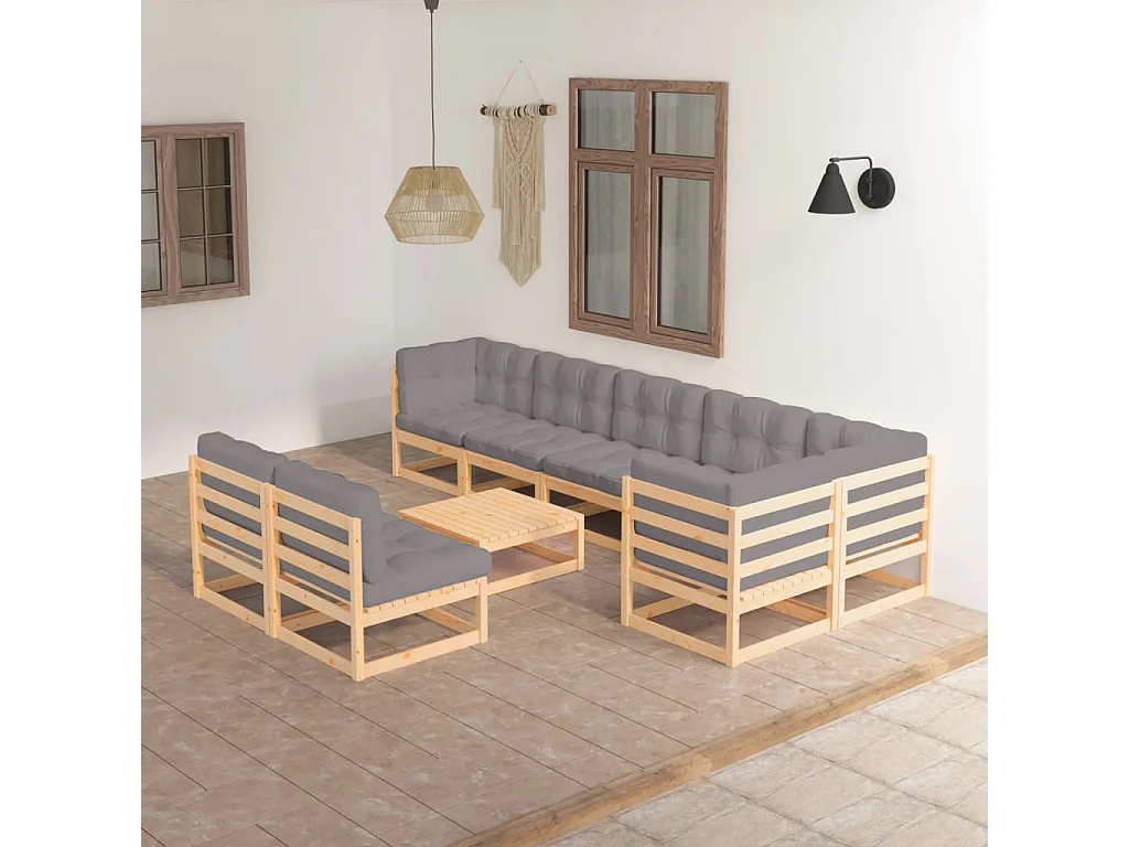 9 peças conjunto lounge de jardim com almofadões pinho maciço