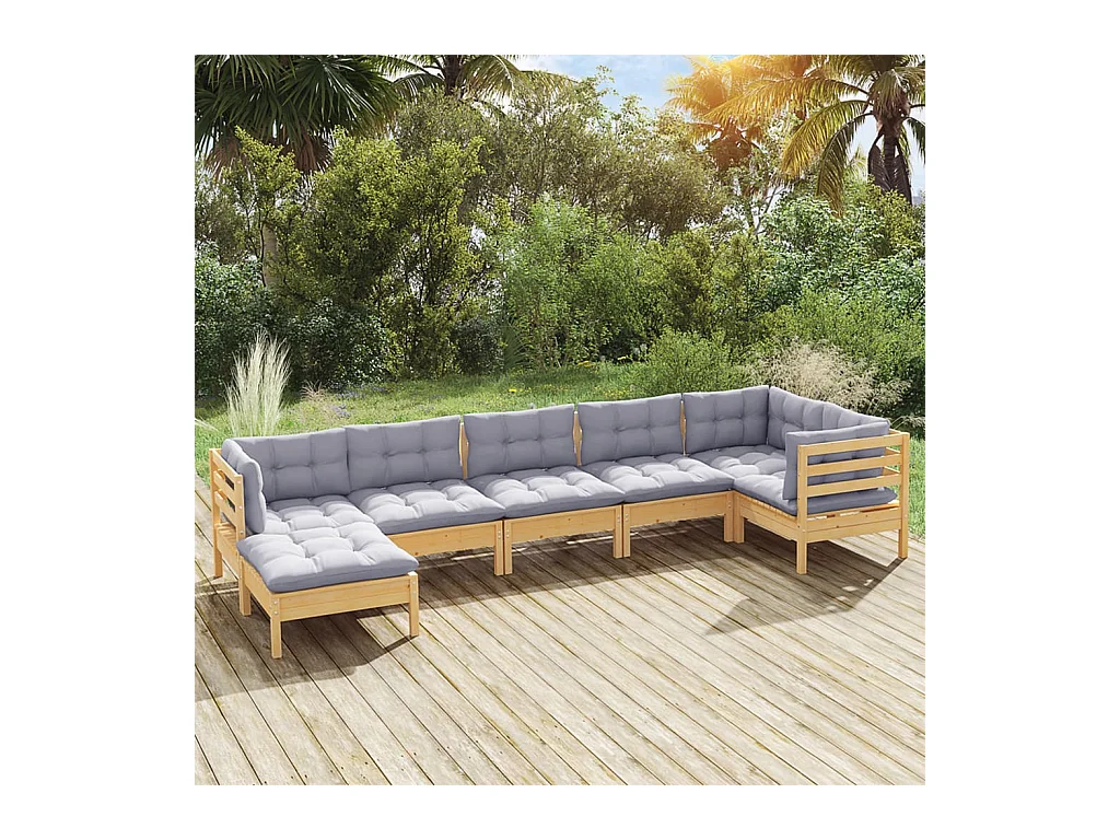 7 peças conjunto lounge de jardim + almofadões cinza pinho maciço
