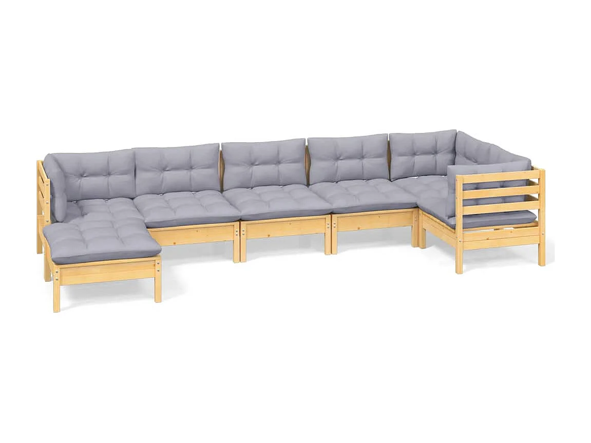7-delige Loungeset met grijze kussens massief grenenhout