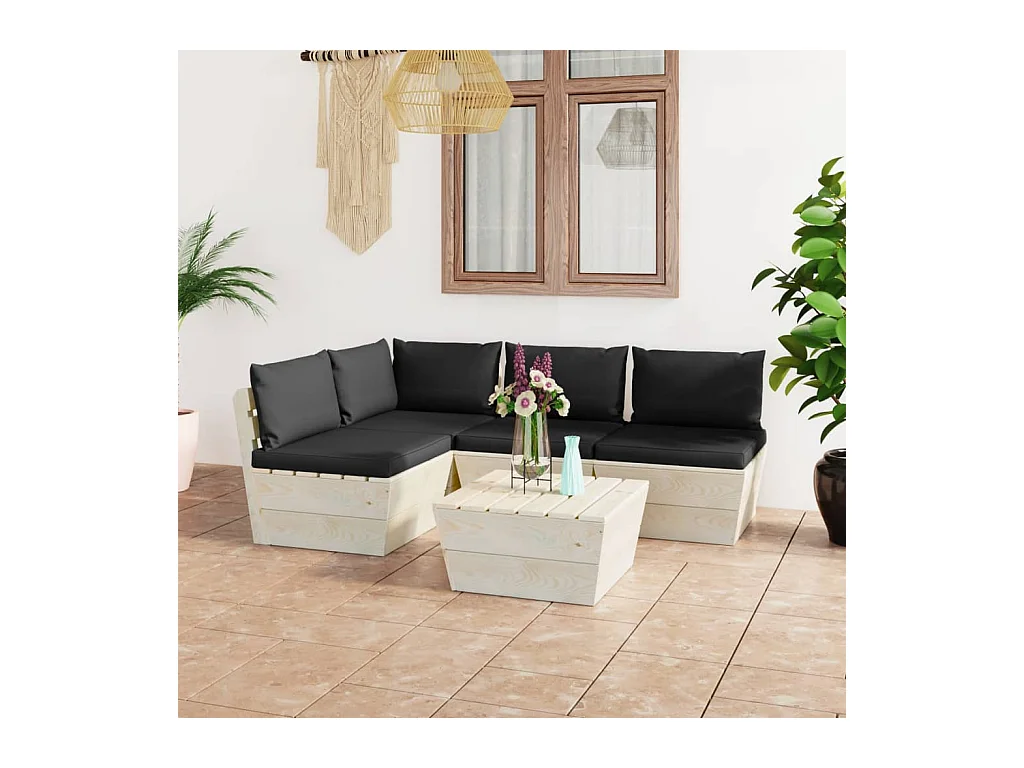 Salon de jardin palette 5 pièces avec coussins Épicéa imprégné