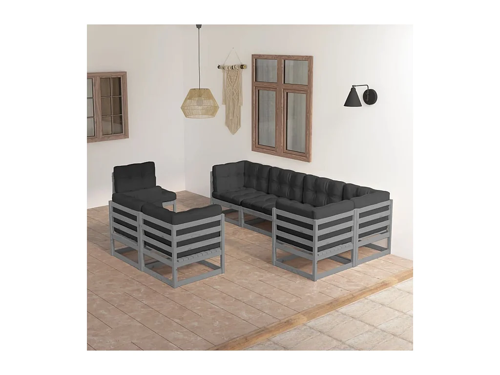 Juego de muebles de jardín 8 piezas y cojines madera pino maciza