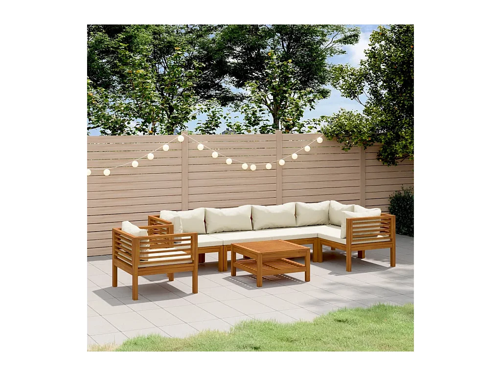 Salon de jardin 7 pièces avec coussin crème Bois d'acacia solide