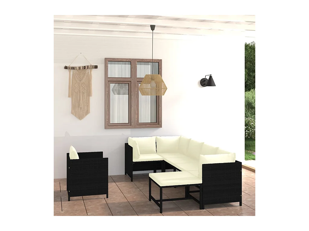 Salon de jardin 7 pièces avec coussins Résine tressée Noir
