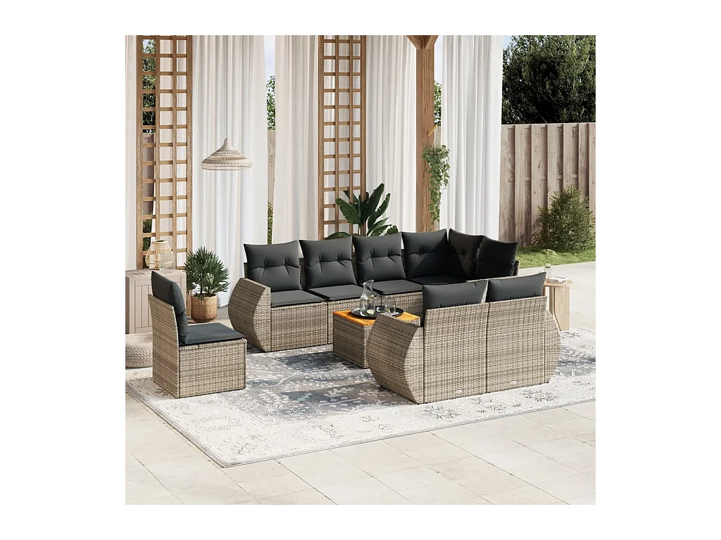 Salon de jardin 9 pièces avec coussins gris résine tressée