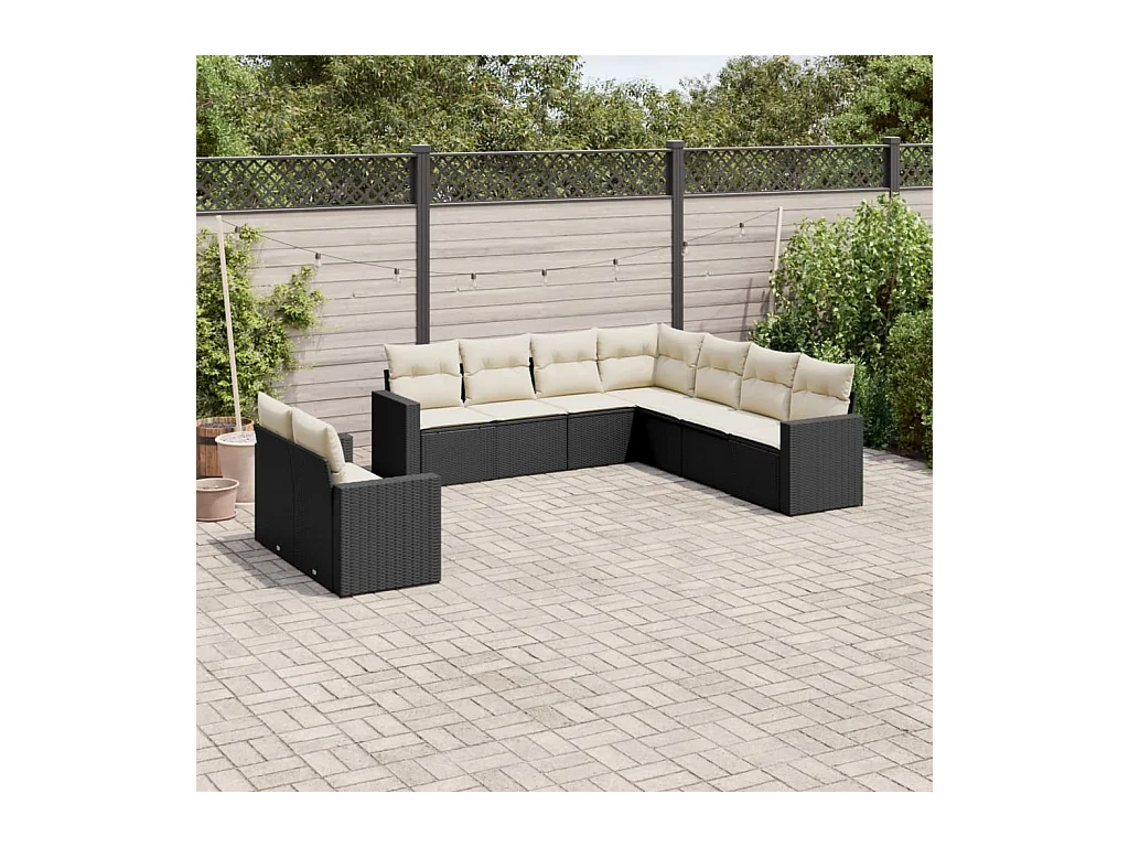Salon de jardin 9 pièces avec coussins noir résine tressée