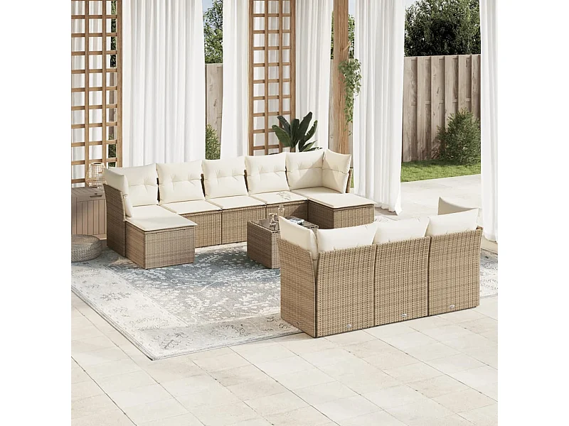 Salon de jardin 11 pièces avec coussins beige résine tressée
