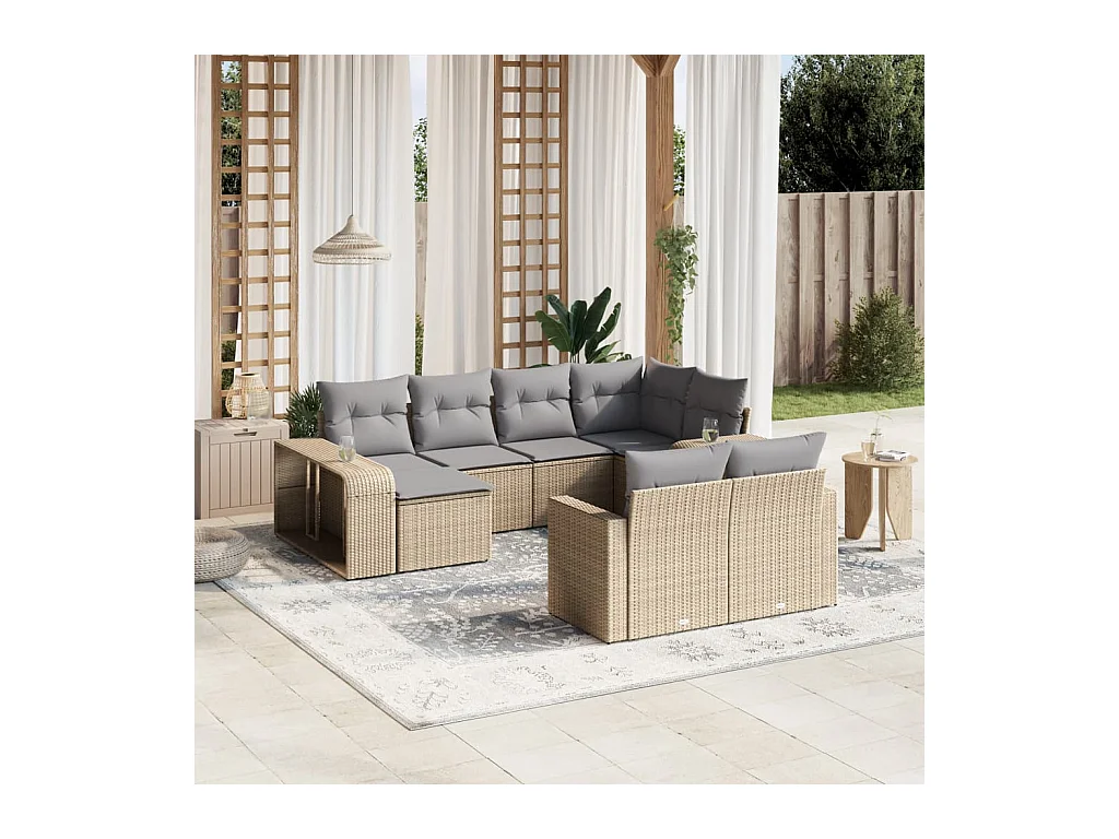 Salon de jardin avec coussins 10 pièces beige résine tressée