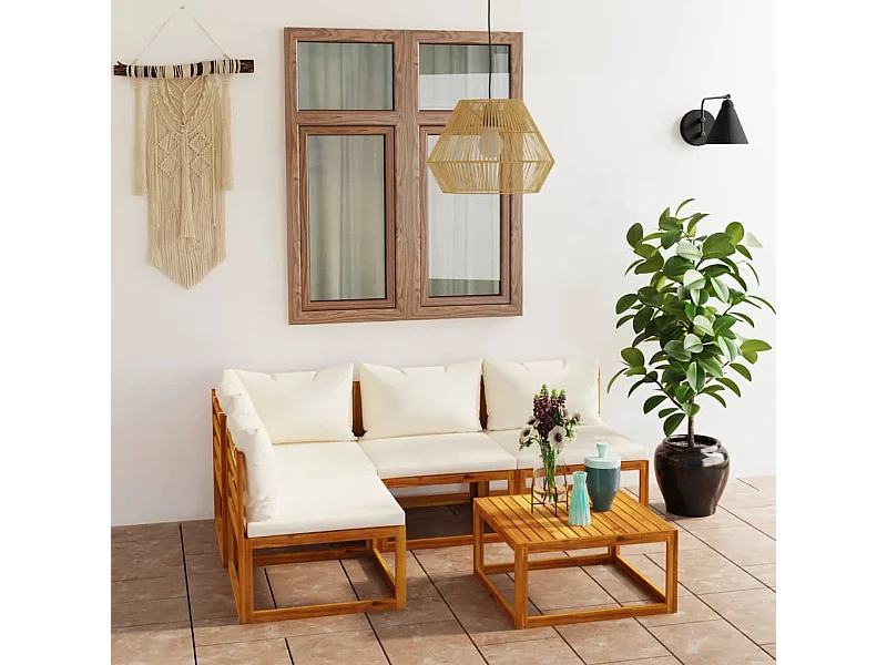 Muebles de jardín 5 piezas cojines crema madera maciza de acacia