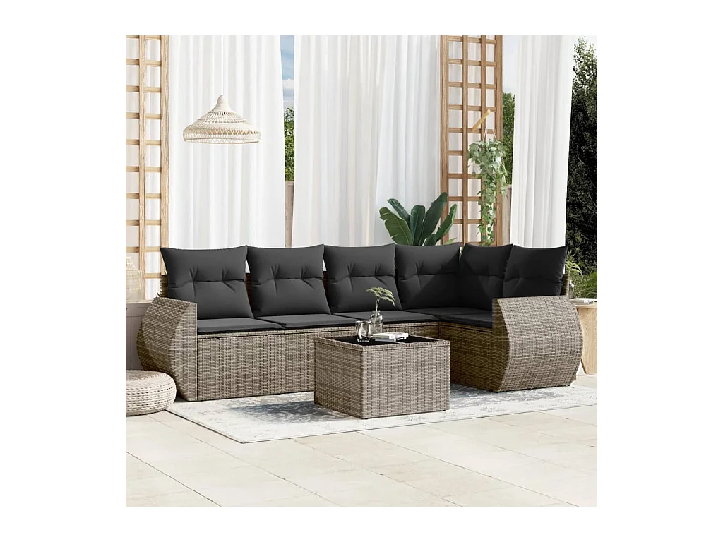 6-delige Loungeset met kussens poly rattan grijs