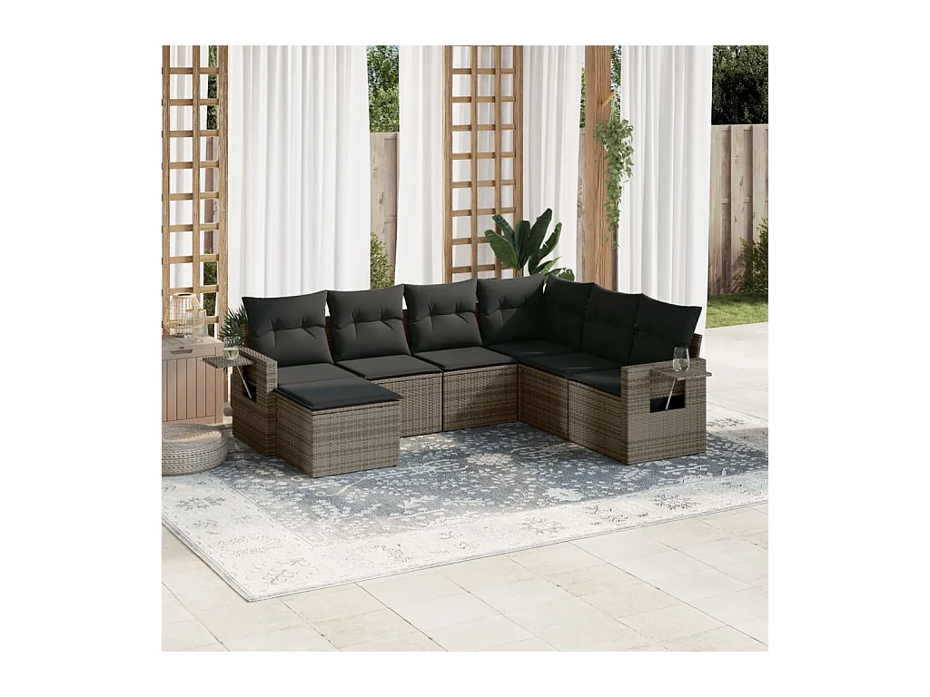 7-delige Loungeset met kussens poly rattan grijs