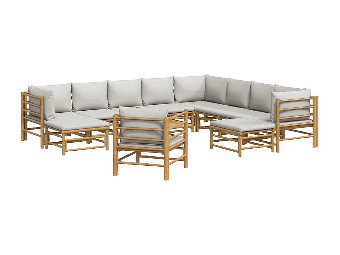 12peças conj. lounge de jardim bambu c/ almofadões cinzento-claro