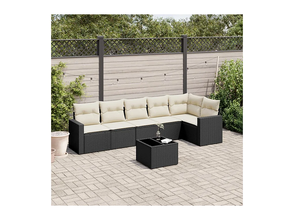 Salon de jardin 7 pièces avec coussins noir résine tressée