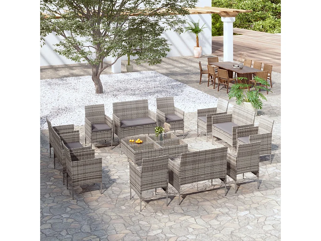 Set de muebles de jardín 16 piezas y cojines ratán sintético gris