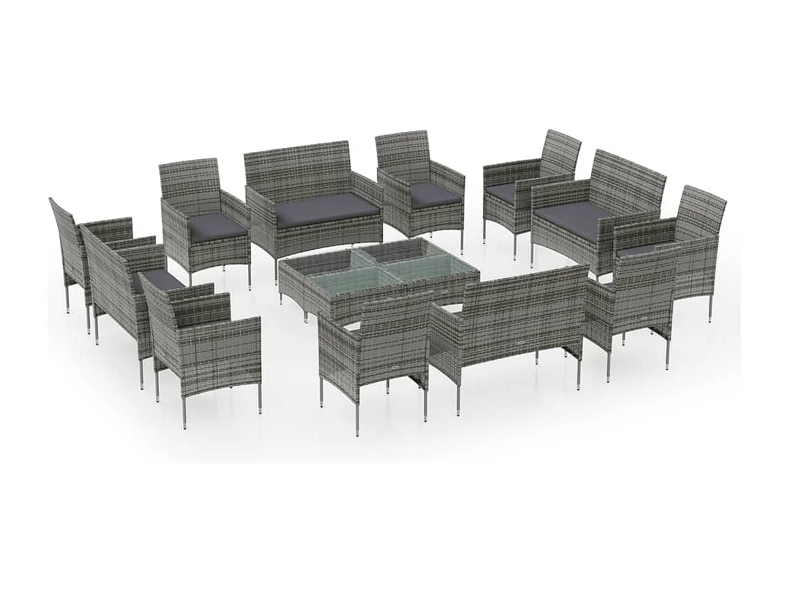 Set de muebles de jardín 16 piezas y cojines ratán sintético gris