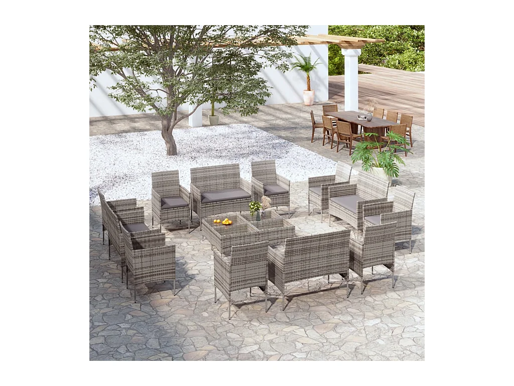 Salon de jardin 16 pièces avec coussins Résine tressée Gris