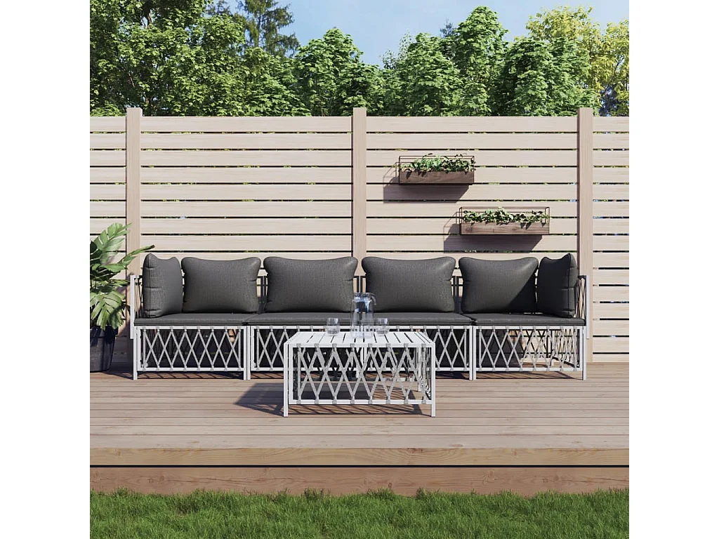 Salon de jardin avec coussins 5 pièces blanc acier