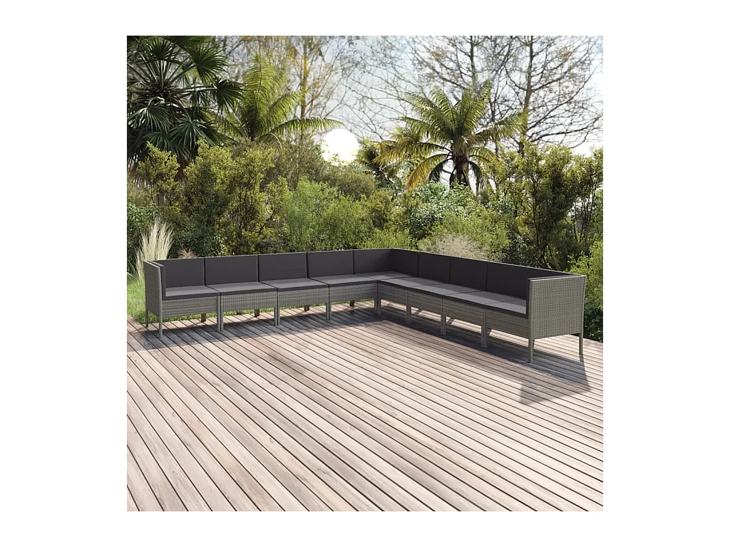 Salon de jardin 9 pièces avec coussins Résine tressée Gris