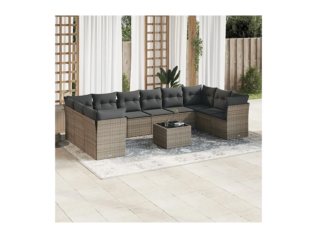 11-delige Loungeset met kussens poly rattan grijs