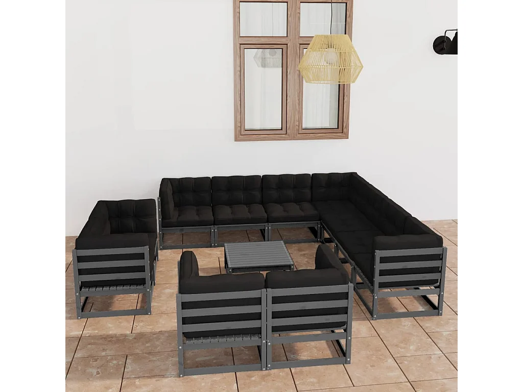 12peças conjunto lounge de jardim + almofadões pinho maciço cinza