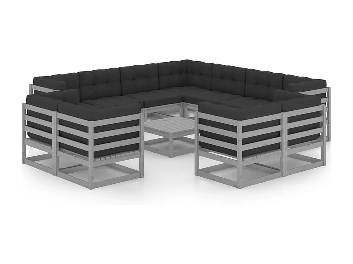 12peças conjunto lounge de jardim + almofadões pinho maciço cinza