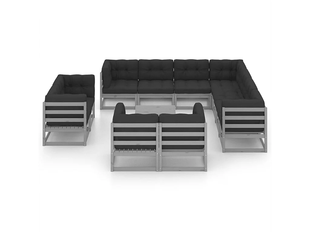 12peças conjunto lounge de jardim + almofadões pinho maciço cinza