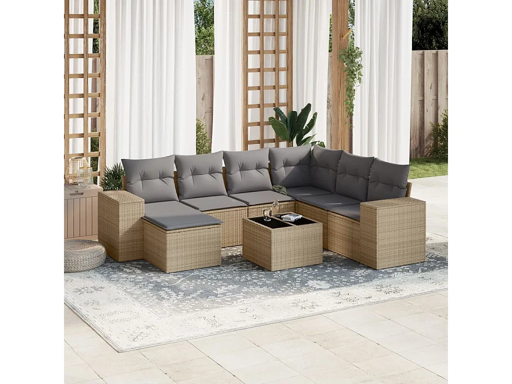 8-delige Loungeset met kussens poly rattan beige