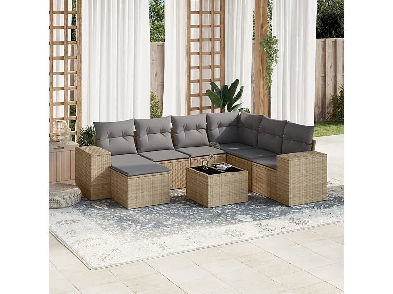 8-delige Loungeset met kussens poly rattan beige