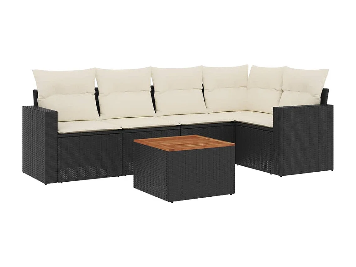 6-delige Loungeset met kussens poly rattan zwart