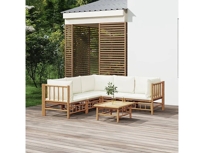 Salon de jardin 6 pièces avec coussins blanc crème bambou