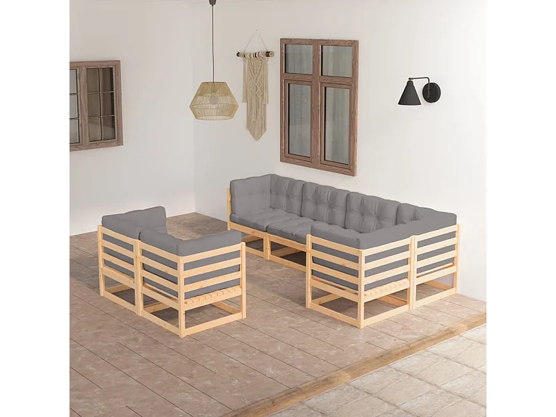 Juego de muebles de jardín 7 piezas y cojines madera pino maciza