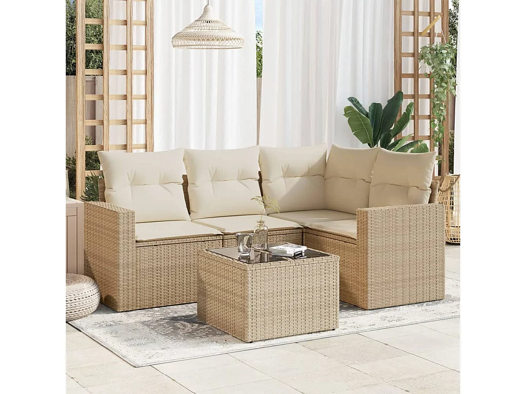 Salon de jardin avec coussins 5 pièces beige résine tressée