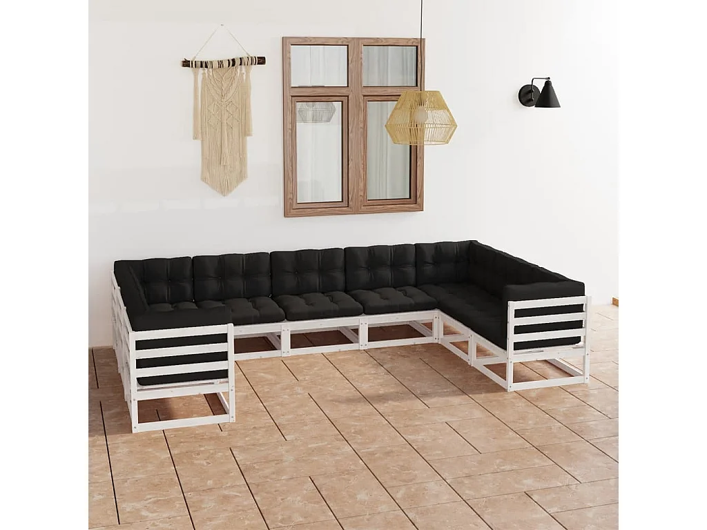 9 peças conj. lounge de jardim c/ almofadões pinho maciço branco