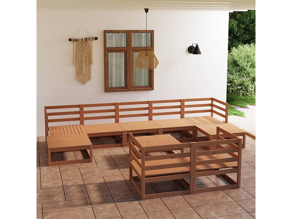 Salon de jardin 10 pièces marron miel bois de pin massif