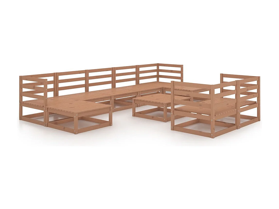 Salon de jardin 10 pièces marron miel bois de pin massif