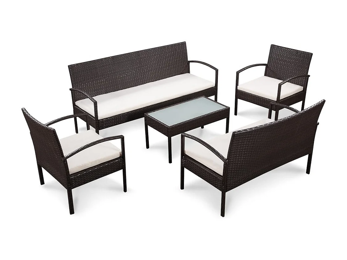 5 peças conjunto lounge jardim c/ almofadões vime PE castanho