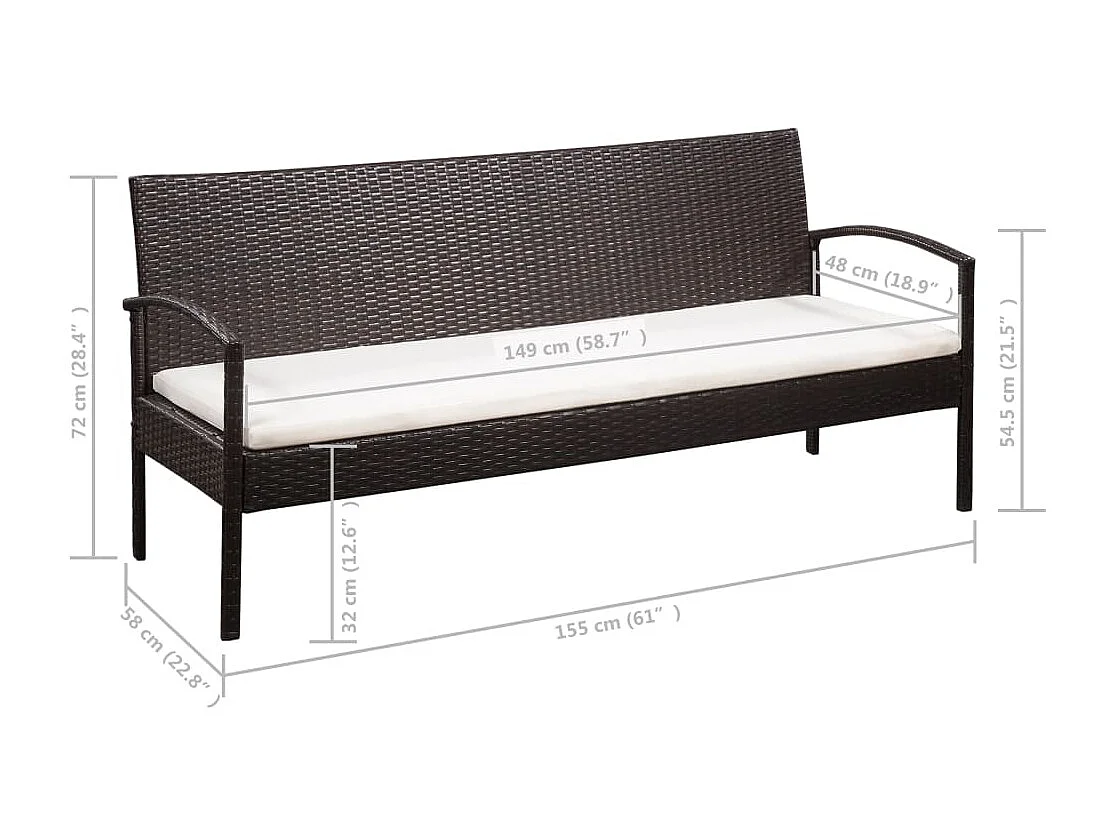 5 peças conjunto lounge jardim c/ almofadões vime PE castanho