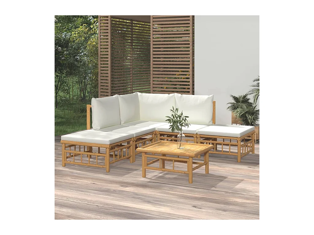 Salon de jardin 6 pièces avec coussins blanc crème bambou