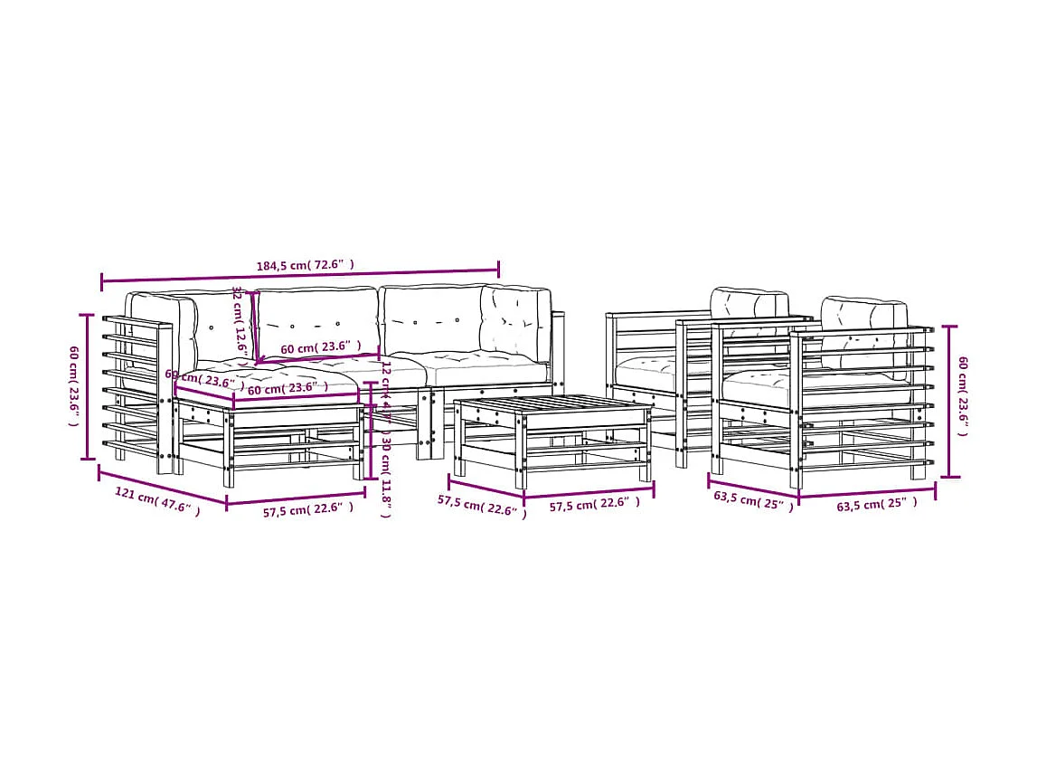 Salon de jardin 7 pièces avec coussins bois massif douglas