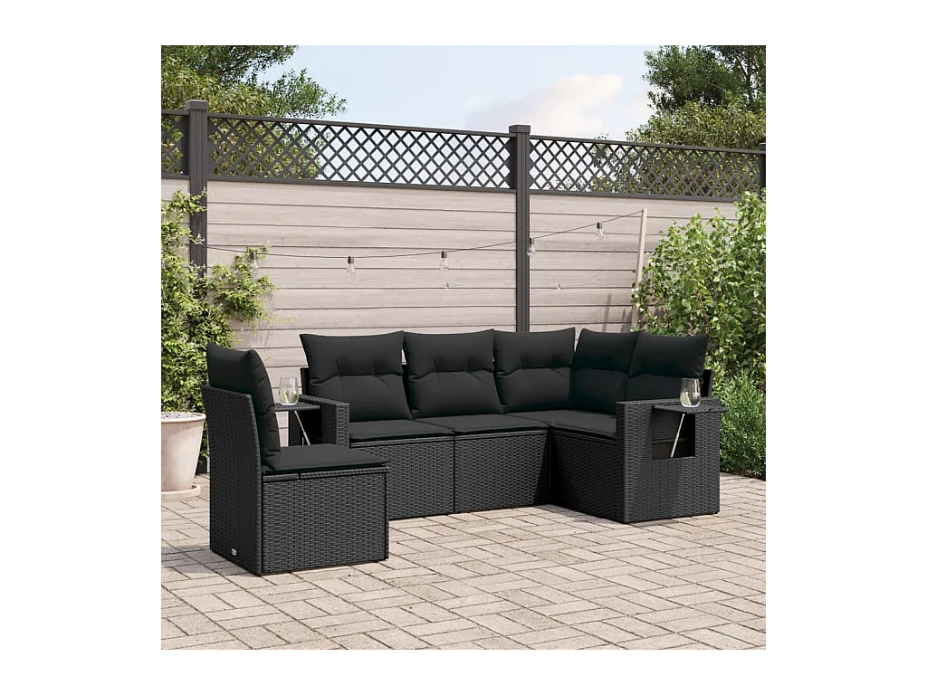 Salon de jardin 5 pièces avec coussins noir résine tressée