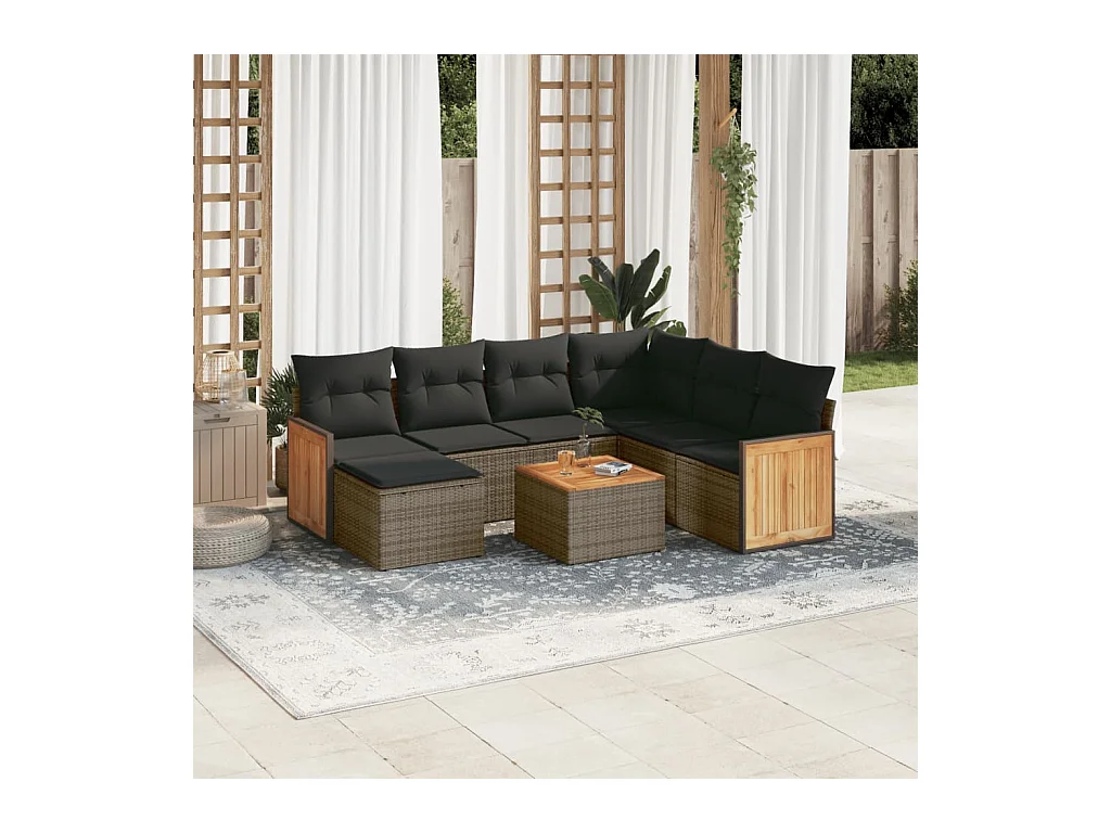 Salon de jardin 8 pièces avec coussins gris résine tressée