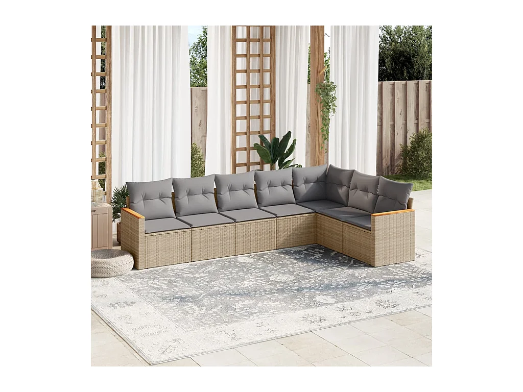7-delige Loungeset met kussens poly rattan beige