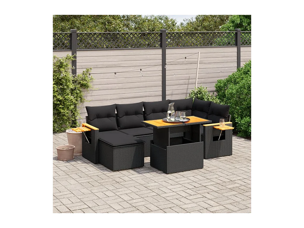 Salon de jardin 7 pièces avec coussins noir résine tressée