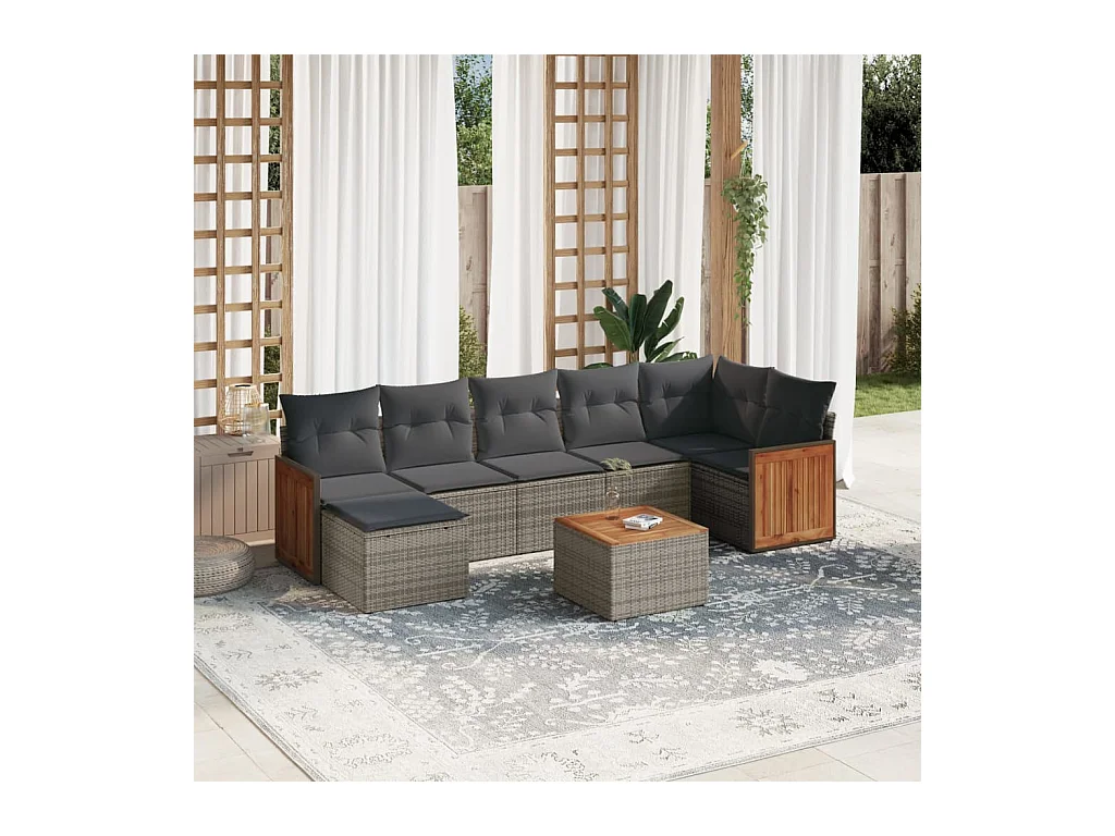 Salon de jardin 8 pièces avec coussins gris résine tressée