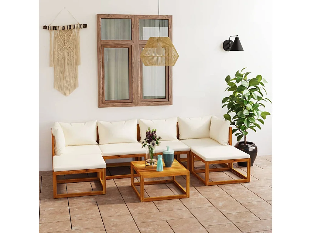 Salon de jardin 7 pièces avec coussin Crème Bois d'acacia solide