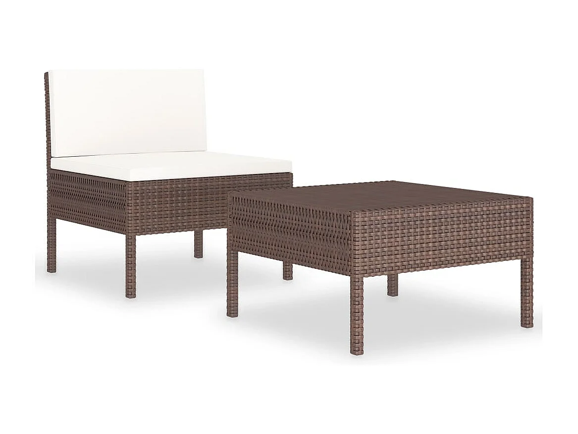 2 peças conjunto lounge de jardim c/ almofadões vime PE castanho