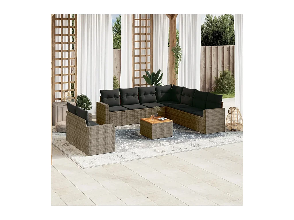Salon de jardin avec coussins 10 pièces gris résine tressée