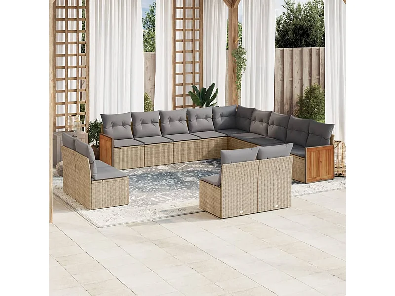 13 peças conjunto de sofás p/ jardim com almofadões vime PE bege