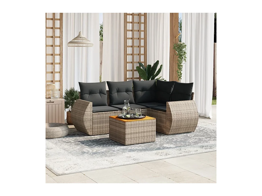 Salon de jardin 5 pièces avec coussins gris résine tressée